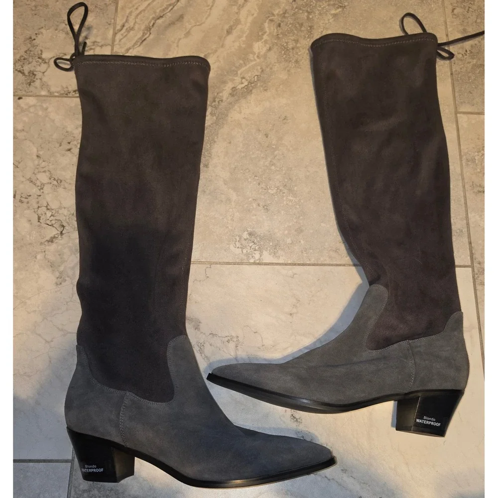 Blondo Waterproof Grey Suede Over The Knee Boots Pointed Toe Block Heel Sz 12M